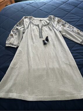 J. Jill Navy and White Striped Embroidered Tassel Midi Dress